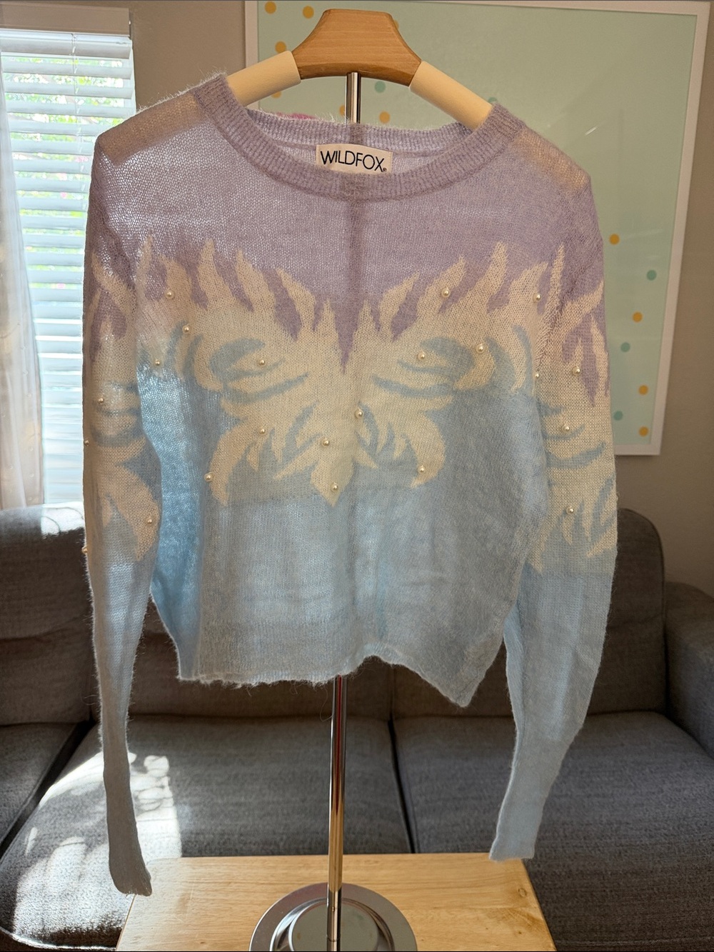 Wildfox Lavender Blue Pearl Embellished Knit Sweater
